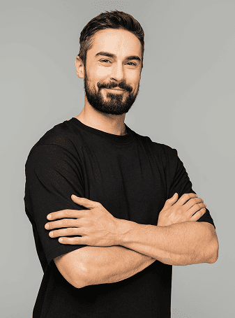 Smiling brunette and bearded man in casual black t-shirts